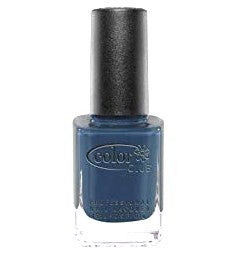 A bottle of Color Club nail polish in a deep blue color with a black cap, labeled as 'Baldwin Blues 1009'.