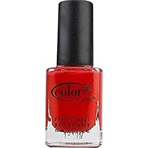 A bottle of Color Club nail polish in a bright tangerine orange creme color with a hint of coral with black cap.