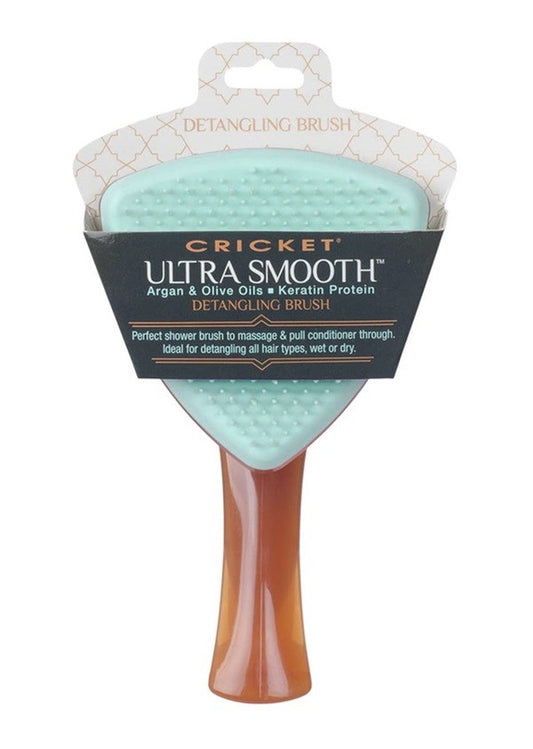 Cricket Ultra Smooth Triangle shaped detangling brugh with brown handle.