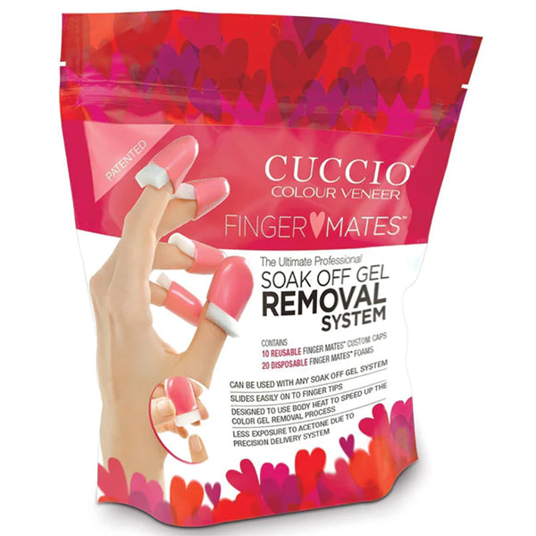 Cuccio Fingermates soak off gel removal system packaging with a hand wearing fake nails.