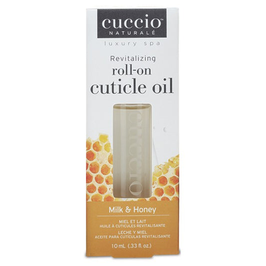 Cuccio Naturale Milk & Honey Revitalizing Roll-On Cuticle Oil packaging, displaying the product name and a honeycomb design.