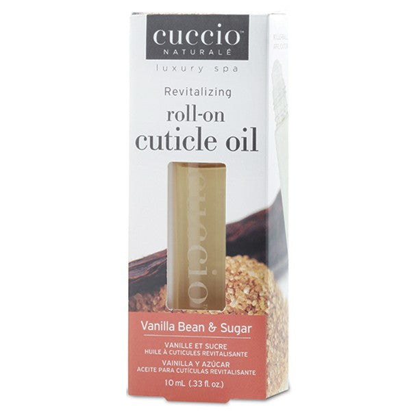 Cuccio Naturale Vanilla Bean & Sugar Revitalizing Roll-On Cuticle Oil packaging with a clear window showing the product bottle.