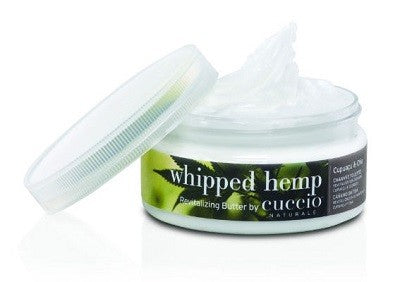 Cuccio Whipped Hep Body Butter with lid off to show thick butter. 