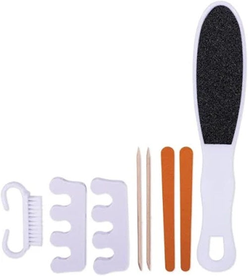 Set of foot care tools including a file, brush, and other items on a white background