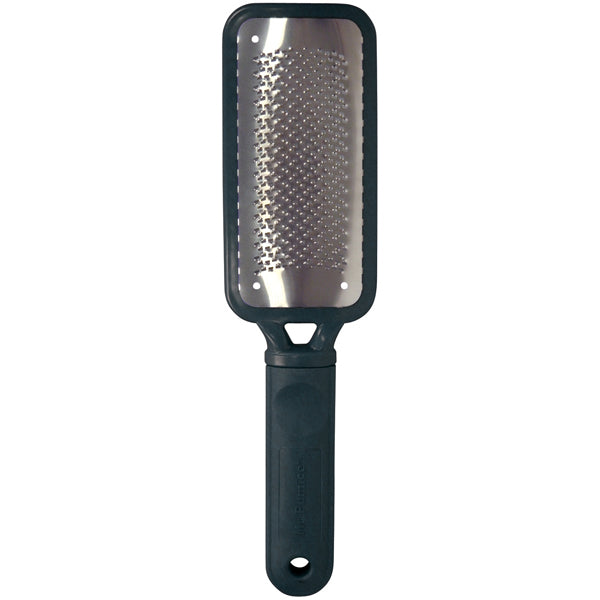 Metal foot file with black handle on a white background