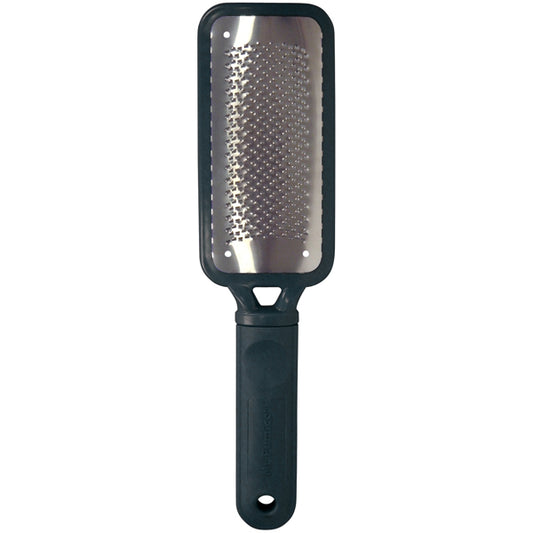 Metal foot file with black handle on a white background