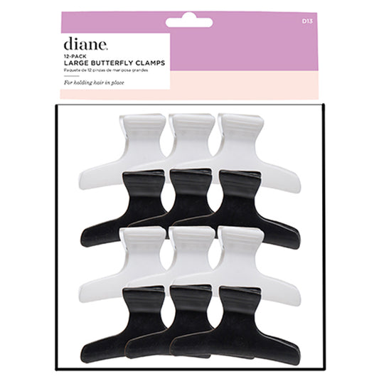 Packaging of Diane large butterfly clamps with black and white clamps.