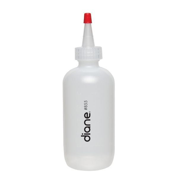 A white, plastic Diane applicator bottle with a red Yorker style top, designed for hair color application, featuring ounce and milliliter markings.