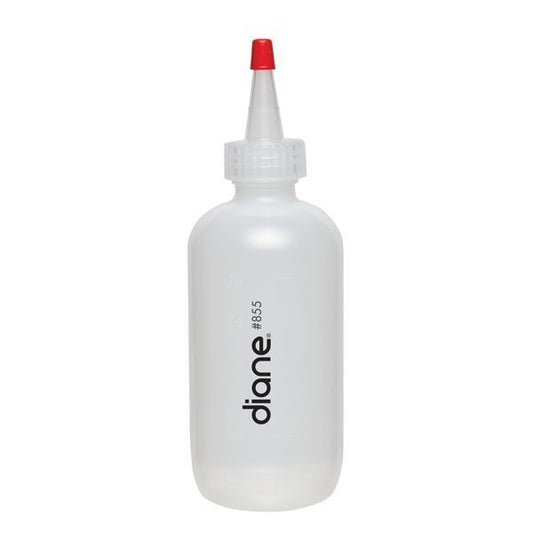 A white, plastic Diane applicator bottle with a red Yorker style top, designed for hair color application, featuring ounce and milliliter markings.
