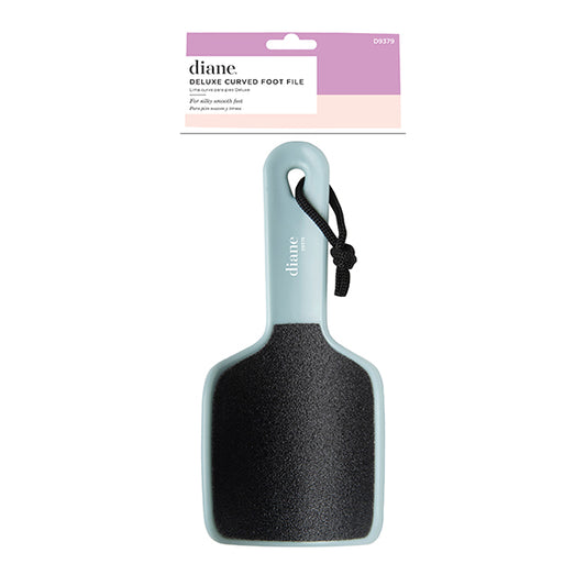 A Diane Deluxe Curved Foot File with a black exfoliating surface and light blue handle, packaged on a pink and white card.
