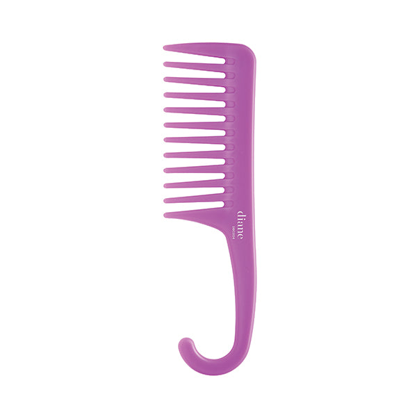 A purple shower comb with smooth, rounded teeth and a hook for storage.