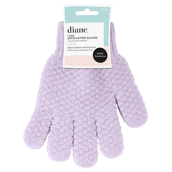 Pair of purple exfoliating gloves with a 'diane' label on a white background