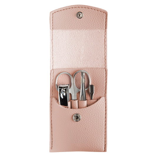 Diane Manicure To Go Set with beige Case that contains stainless steel nail implements against a white background.