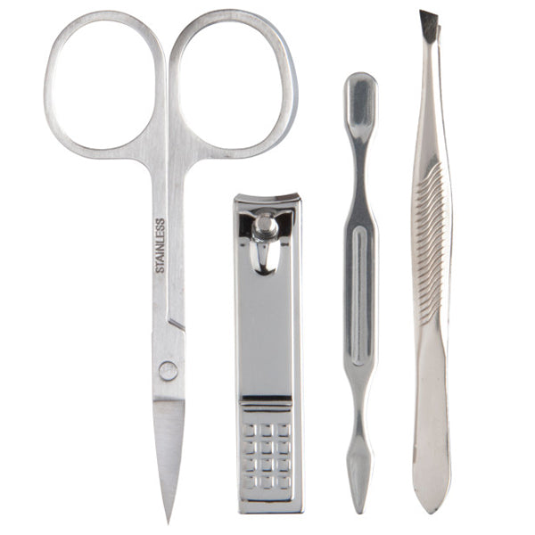 Four stainless steel manicure tools on a white background: nail scissors, nail clipper, cuticle scraper, and nail tweezers.