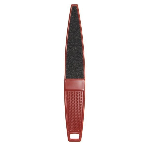 A red double-sided foot file with a black surface for filing and a textured red handle for grip.
