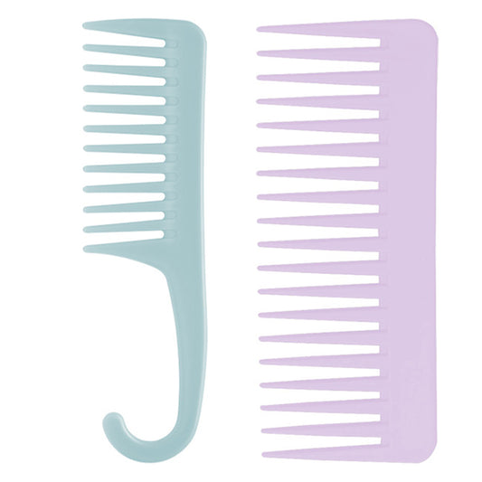Two plastic combs, one in light blue and the other in light purple, with a hook for in-shower storage.