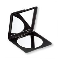 A squared double mirror compact in black color, with both square and round mirrors visible.