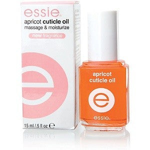 A bottle of Essie Apricot Cuticle Oil next to its packaging box. The bottle is orange with a white cap, and the box has the Essie logo in pink and orange tones.