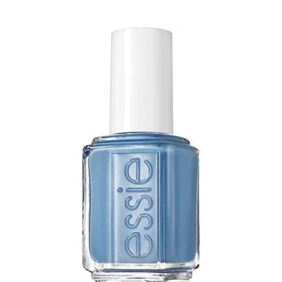 A bottle of Essie Nail Polish in a medium blue creme color, with a white cap and the brand name displayed on the front.