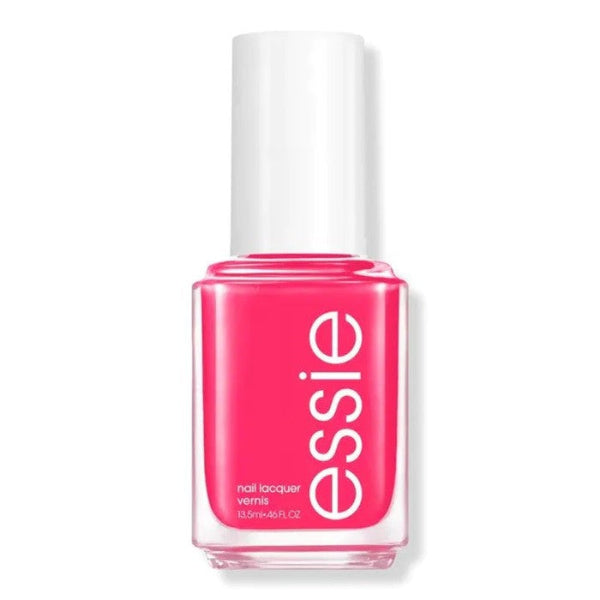 Essie nail polish bottle with a bright pink color on a white background