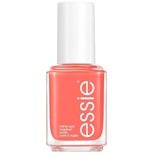 A bottle of Essie nail polish in a vivid coral peach creme color with subtle melon undertones.