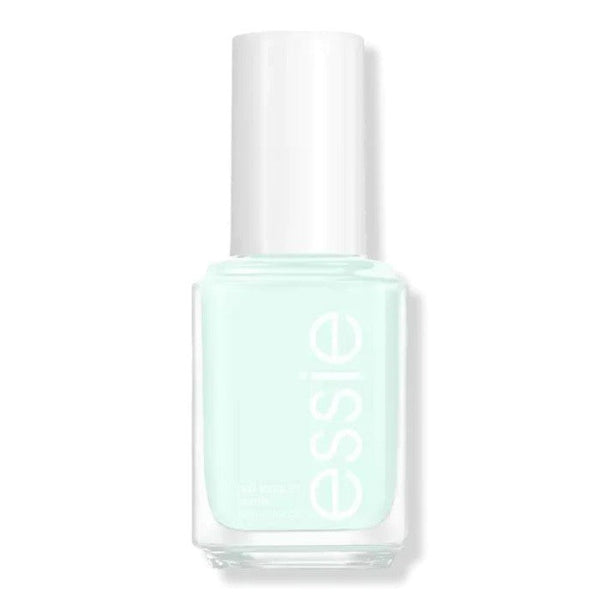 A bottle of Essie nail polish in a pale pastel mint green color, with the brand name 'Essie' printed on the bottle.