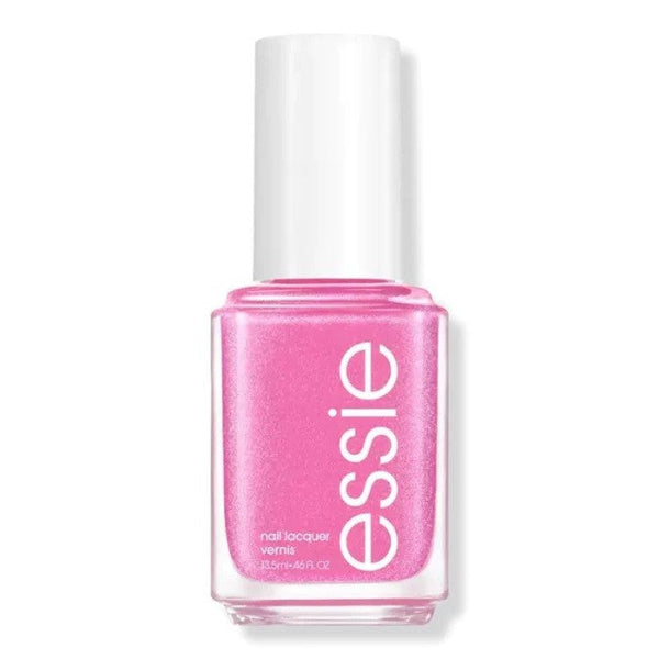 A bottle of Essie nail polish in a pink color with a white cap. 