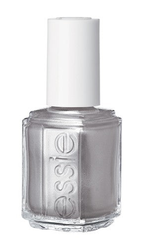 A bottle of silver metallic nail polish with white cap.