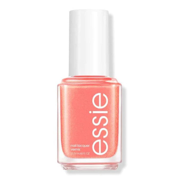 Essie coral orange/peach nail polish bottle with a white cap on a white background