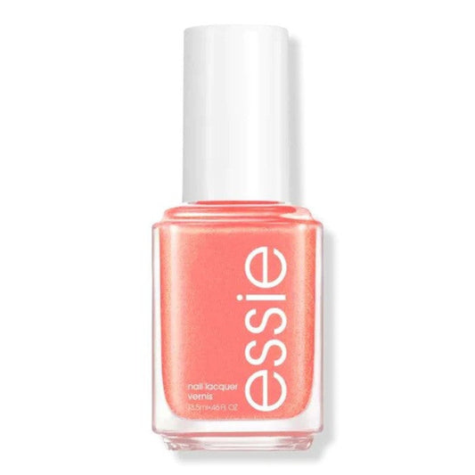 Essie coral orange/peach nail polish bottle with a white cap on a white background