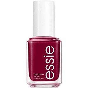 Essie maroon red nail polish bottle with white cap.
