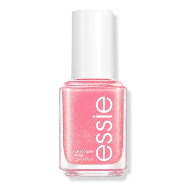 Essie nail polish bottle with pink polish on a white background