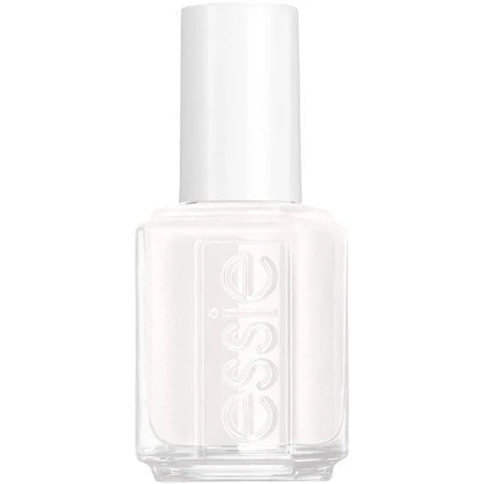 A bottle of Essie nail polish in the shade 'Stay Fluid 15N' with a bright white color and a hint of pale pink, from the Be Them All Collection, Spring 2025.