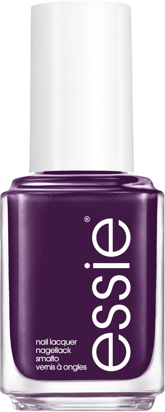 Purple nail polish bottle with 'essie' branding on a white background