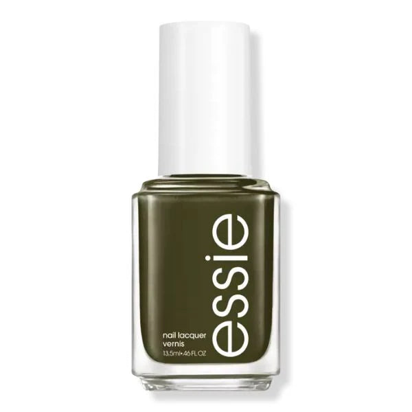 Essie dark olive green nail polish bottle on a white background