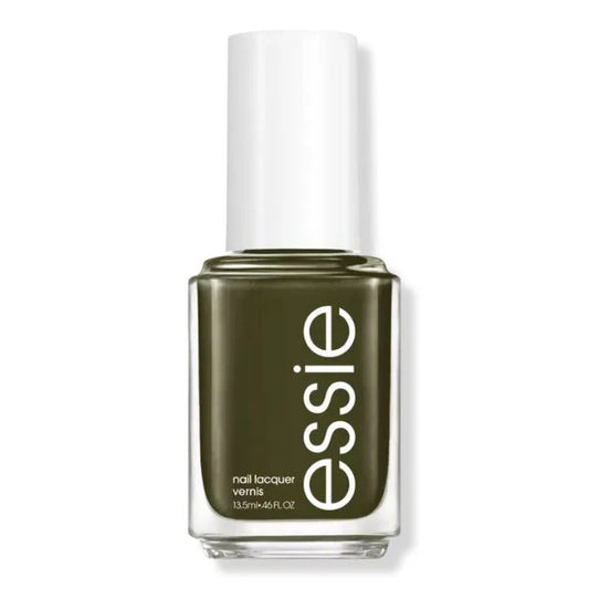 Essie dark olive green nail polish bottle on a white background
