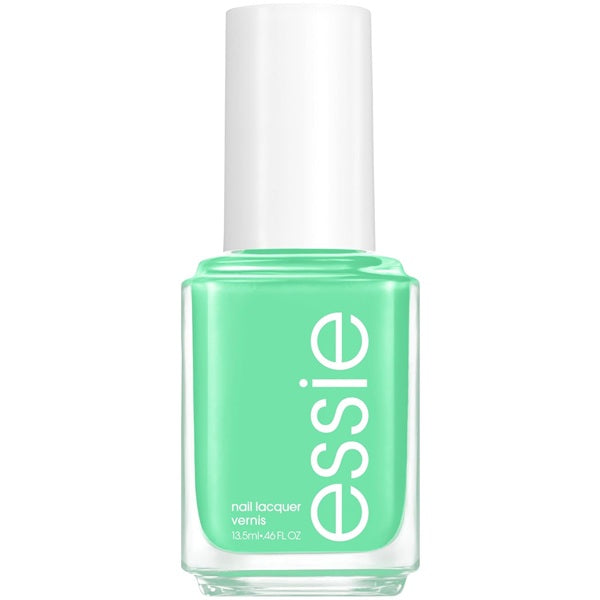 Essie green nail polish bottle with white cap on a white background