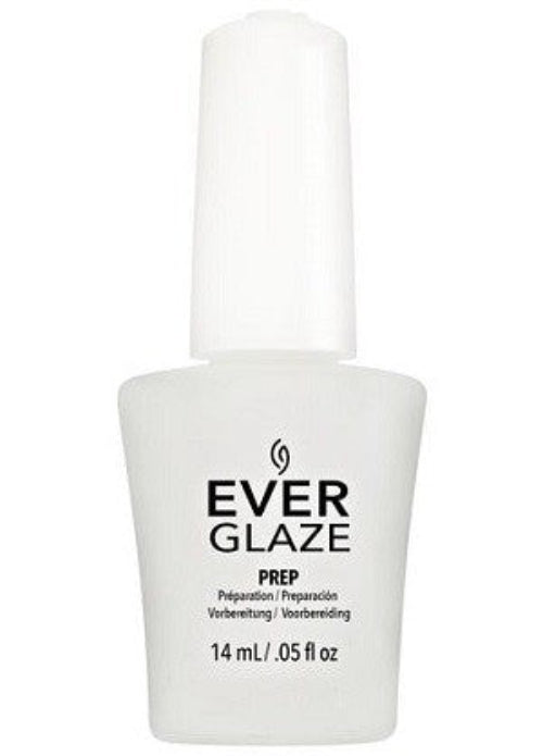 A bottle of China Glaze EverGlaze Extended Wear Nail Prep, with a white cap and label, indicating 0.50 fl. oz. or 14 ml.