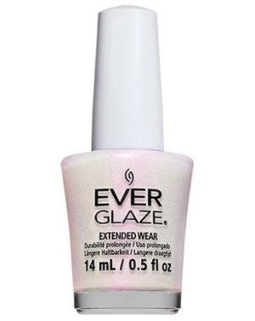 A bottle of ChGl EverGlaze Extended Wear Nail Lacquer with a semi-sheer white color and iridescent golden and pink shimmer, in a 14 ml size.
