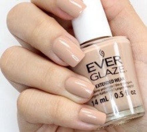 EverGlaze light skin tone beige nail polish swatch on nails, and hand holding the nail polish bottle.