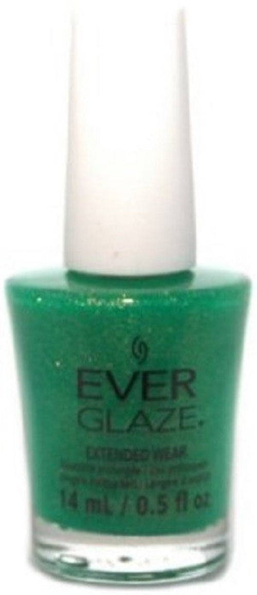 A bottle of ChGl EverGlaze Extended Wear Nail Lacquer in a semi-sheer medium green color with golden shimmer, with white cap.