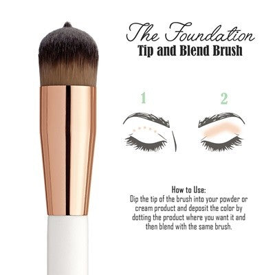 Foundation Tip and Blend Brush with eye illustration and how to use directions.