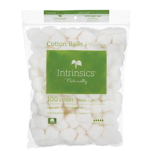 Pack of Intrinsics cotton balls with a green label on a white background