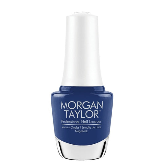 Blue nail polish bottle with white cap on a white background