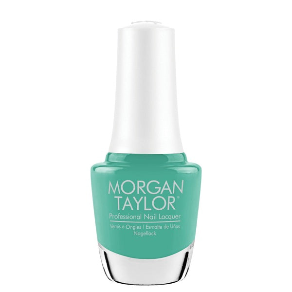 Morgan Taylor teal nail polish bottle on a white background