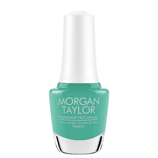 Morgan Taylor teal nail polish bottle on a white background