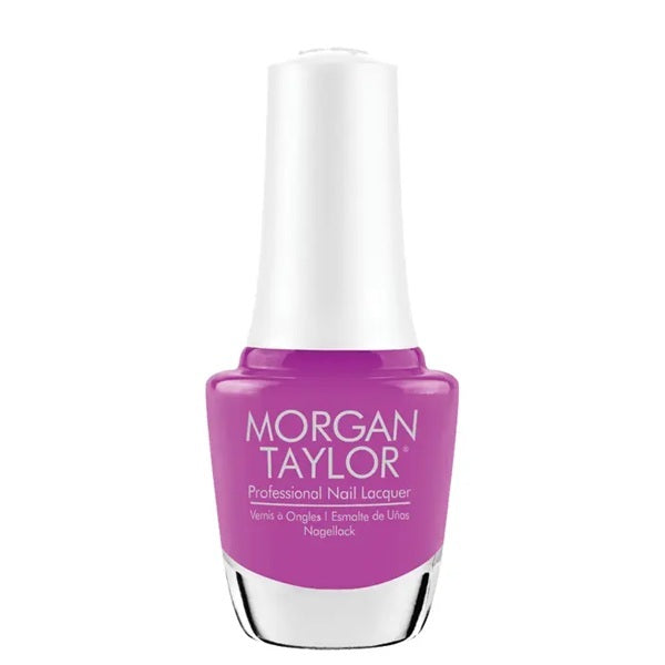 Morgan Taylor fuchsia pink translucent nail polish bottle with white cap.
