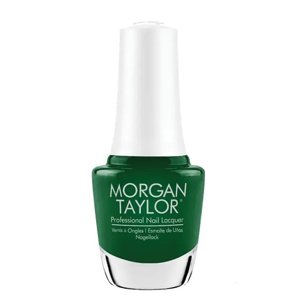 Morgan Taylor green translucent nail polish bottle with white cap.