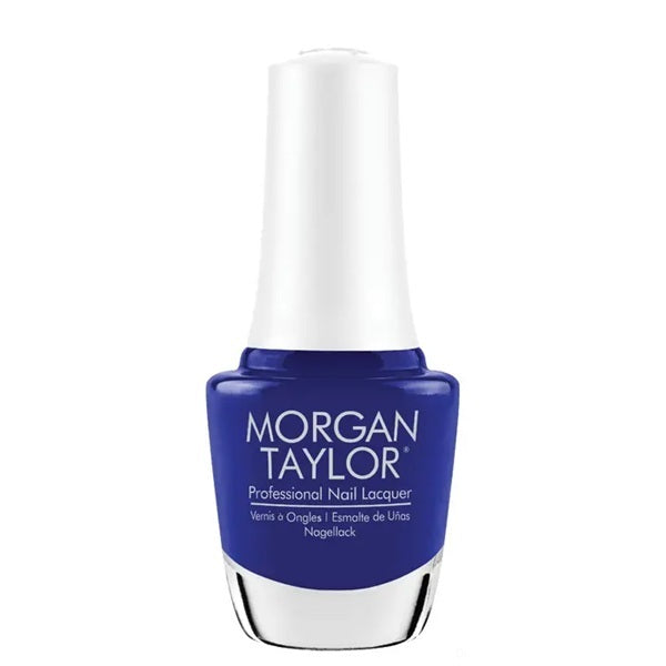 Morgan Taylor blue translucent nail polish with a white background.