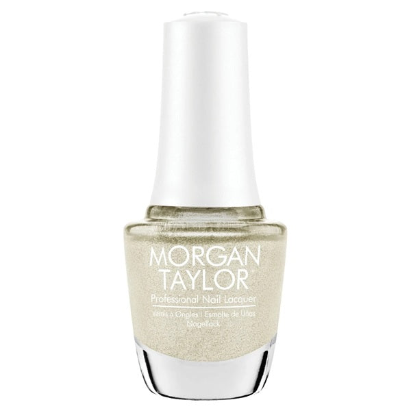 Morgan Taylor light gold nail polish bottle on a white background